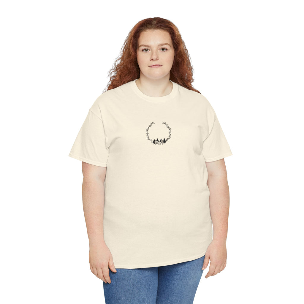 Minimal Forest Wreath Tee — Tiny Woodland Deer Chest Graphic