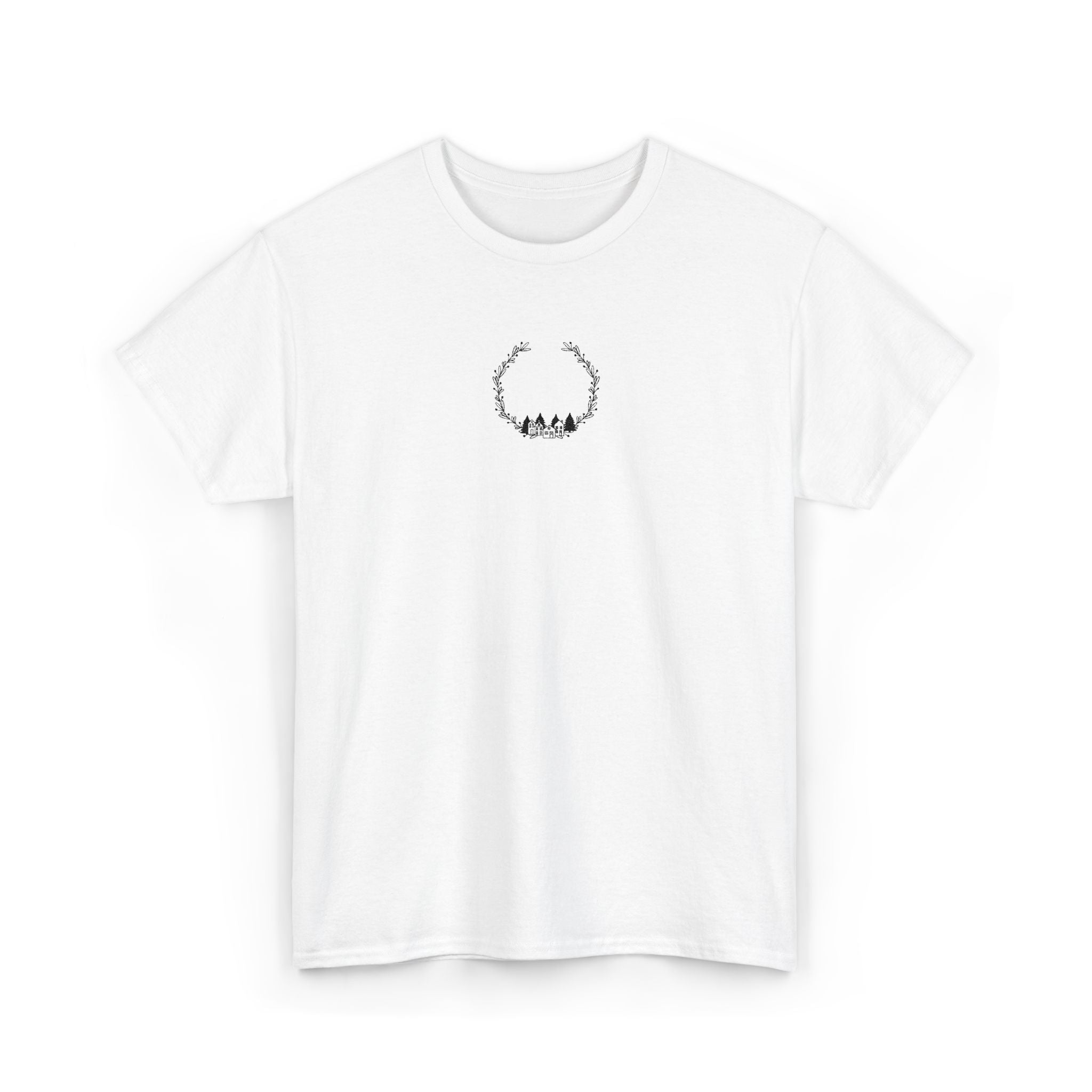 Minimal Forest Wreath Tee — Tiny Woodland Deer Chest Graphic