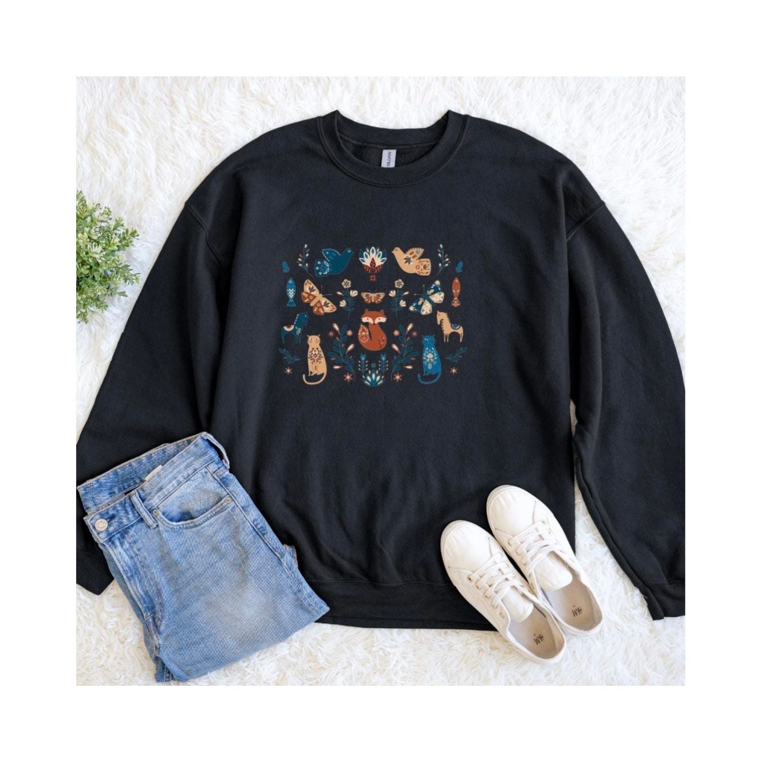 Cozy Black Sweatshirt with Whimsical Woodland Animal and Floral Design – Fox, Cat, and Bird Pattern
